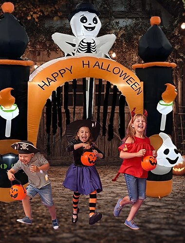  1 pieza de 2,4 m de Halloween, calavera de gato negro fantasma con luz, inflable, modelo de aire, arcos, patio, porches, puertas de entrada, césped, fiesta, Halloween, ambiente decorativo, luz,