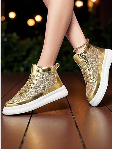  Zapatillas altas con purpurina dorada para mujer, zapatos casuales con cordones metálicos brillantes para fiestas nocturnas y clubes.