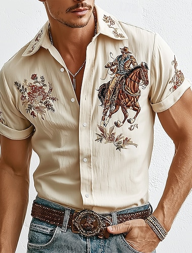  Ανδρικά Φλοράλ Cowboy Λουλούδια Πουκάμισο Δυτικό πουκάμισο Κοντομάνικο Vintage ρετρό ΕΞΩΤΕΡΙΚΟΥ ΧΩΡΟΥ Διακοπές Καλοκαίρι Άνοιξη Απορρίπτω 3D εκτύπωση γιακά πουκάμισα Λινό σαν πουκάμισο Σομόν