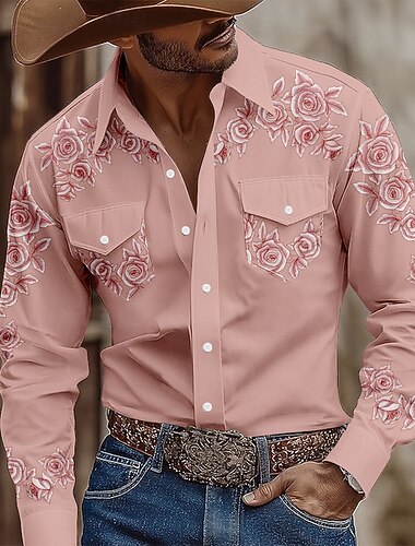  Per uomo Stampa Floreale Fiori Camicia Camicia Western Camicia da cowboy Manica Lunga Vintage Retrò All'aperto Casuale Abbigliamento da lavoro Primavera Autunno Collo ripiegato Due tasche anteriori