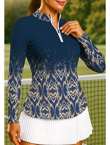  女性用 グラフィック トップス ポロシャツ テニスシャツ テニスティー 長袖 プリント クォータージップ Pullover UPF50+ UVプロテクション 弾性ある 高通気性 バレーボール テニス ゴルフ スタンド ジップカラー シャツ Polo ブラック パープル ダークブルー テニスウェア