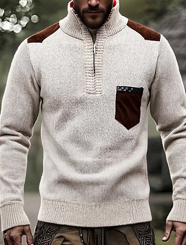  Herren Pullover Pullover mit Viertelreißverschluss Strickpullover Gerippt Stricken Normale Oberteile Spleißen Gestrickt Farbblock Stehkragen Mode Lässig Urlaub Alltagskleidung Bekleidung Herbst Winter