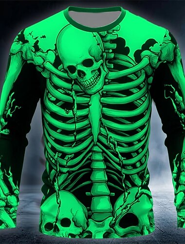  Halloween رجالي 3D هيكل عظمي تي شيرت كم طويل تي شيرت طباعة ثلاثية الأبعاد رقبة عالية مدورة قميص موضة مبالغ فيه شارع فضفاض مناسب للبس اليومي أبيض أزرق برتقالي الصيف الربيع الخريف ملابس S M L XL XXL