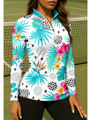  Damen Blumenmuster Stelle Oberteile Shirt Sporthemd Golf-Poloshirt Langarm Reißverschluss Blumen UPF50+ UV-beständig Hohe Elastizität Feuchtigkeitsableitend Atmungsaktiv Volleyball Tennis Golfspiel