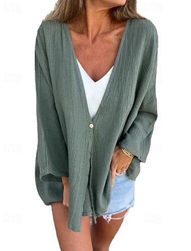  Per donna Blusa con texture Blusa Semplice Moderno Casual Manica Lunga Scollo a V Top Regolari Quotidiano Ferie Bottoni Nero Arancione Marrone Verde Grigio scuro Autunno