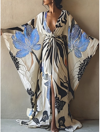 dames lange jurk maxi-jurk boho-jurk casual jurk swingjurk vakantiejurk mode modern dagelijks vakantie strand normale pasvorm bloemen lange mouw v-hals wijnrood marineblauw koningsblauw zomer lente