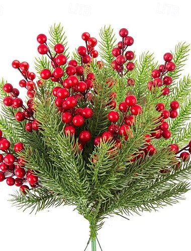  30 db-os karácsonyi műfenyőágak magyalpiros bogyókkal – karácsonyi koszorú és fadísz szárak ünnepi dekorációhoz