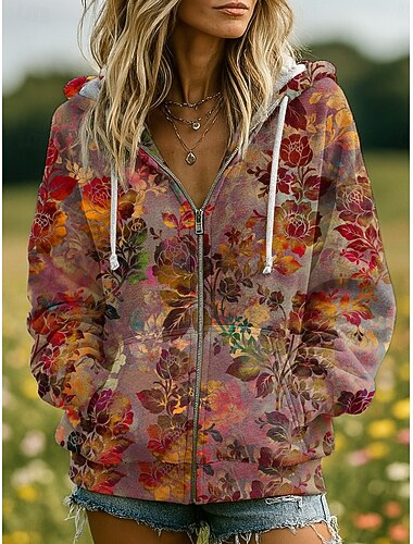  Γυναικείο hoodie 3D εκτύπωσης zip up λουλούδια γραφιστικό μόδες casual μακριά μανίκια κουκούλα κανονικά μπλουζάκια street καθημερινά ρούχα patchwork τσέπη με φερμουάρ κόκκινο μπλε μωβ φούξια πράσινο