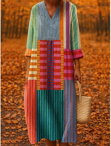  Ženské midi šaty V výstřih dlouhý rukáv kaftan lehké volné střih A-line šaty neformální boho na výlet volné střih grafické geometrické dlouhý rukáv V výstřih žlutá červená podzim