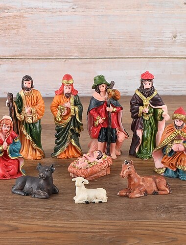  Ensemble de 10 figurines de crèche de Noël, figurines de la Sainte Famille en résine Marie, Joseph, l'enfant Jésus, décoration de Noël religieuse, figurines de crèche de Noël