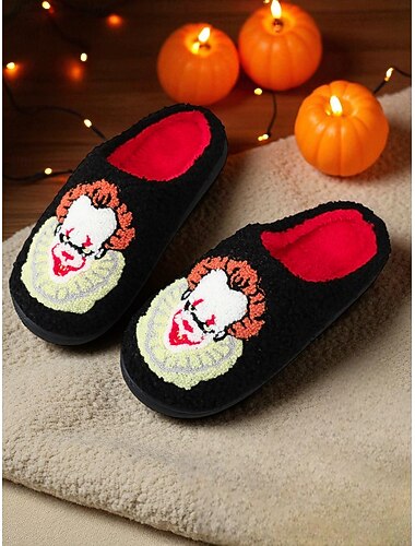  Unisex fuzzy horror clownsslippers met rode pluche voering - comfortabele Halloween-schoenen voor binnen, voor griezelige kostuumfeesten en horrorfilmfans