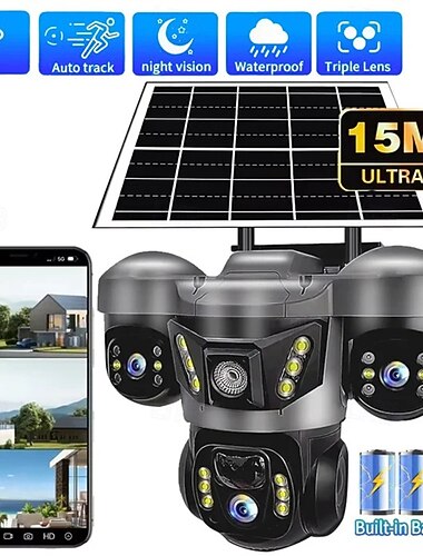 מצלמת שמש שלוש עדשות שמע דו כיוונית חיצונית IP66 עמידה למים סוללה מובנית אבטחת טלוויזיה במעגל סגור 6k HD מצלמת רשת 4G