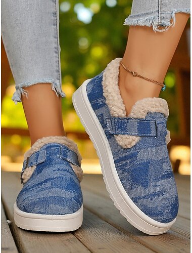  Botines de nieve para mujer con forro polar vaquero: zapatos de invierno cálidos e informales sin cordones con correa de velcro para viajes y paseos al aire libre.