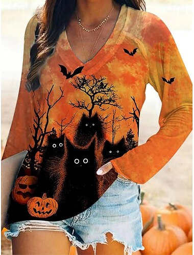  T-shirt Γυναικών για το Halloween Μακρύ Μανίκι Λαιμόκοψη V Μακρύ Μανίκι Γραφικό Καθημερινό Vintage Κομψό Κλασικό Κανονικά Τοπ Καθημερινή Εκτύπωση Μαύρο Κίτρινο Πορτοκαλί Άνοιξη Φθινόπωρο Προκαταλυτικά