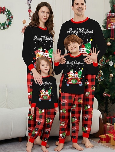  ファミリールック パジャマ チェック クリスマス柄 家 パッチワーク ブラック 長袖 活発的 マッチング衣装