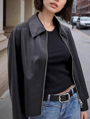  Γυναικεία Jeci Piele Casual Jacket Άνετο Φερμουάρ Μοντέρνα Σκέτο Εξόδου Καθημερινά Φερμουάρ Κανονικό Απορρίπτω Κανονικό Μακρυμάνικο Εξωτερικά ενδύματα Μαύρο Φθινόπωρο Χειμώνας