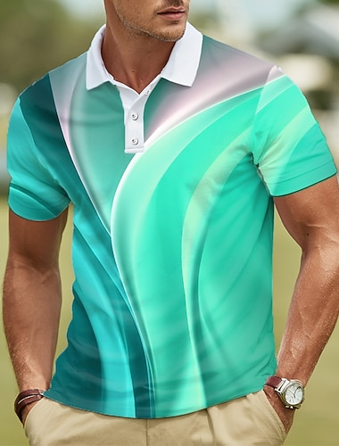  Voor heren Geometrisch Lijn Polo Korte mouw Poloshirt Revers Casual Sportkleding 3D-afdrukken Knop Zomer blauw Paars Groen