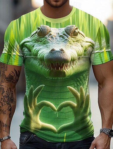  男性用 クロコダイル 3D Tシャツ 半袖 Tシャツ 3Dプリント クルーネック シャツ 誇張された デザイナー パーティー 祝日 緑 1# 緑 2# 緑 3# 夏 春 衣類 S M L XL XXL XXXL