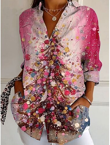  Weihnachten Damen Hemd Grafik Weihnachtsbaum Elegant Bohemien Vintage Langarm Hemdkragen Normale Oberteile Arbeit Täglich Knöpfe Druck Rosa Rote Purpur Grün Frühling Herbst Winter