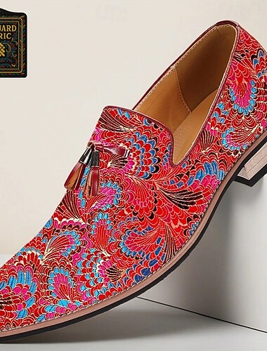 Pánské mokasíny z žakárové tkaniny s červeným paisley vzorem – elegantní nazouvací společenské boty na bankety, pódium i večerní nošení