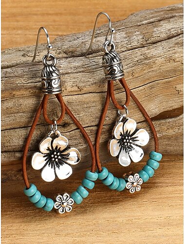  Boho-Blumen-Ohrhänger für Damen – türkisfarbene Perlenohrringe im Westernstil für Sommerfestivals, Partys und Alltagsoutfits