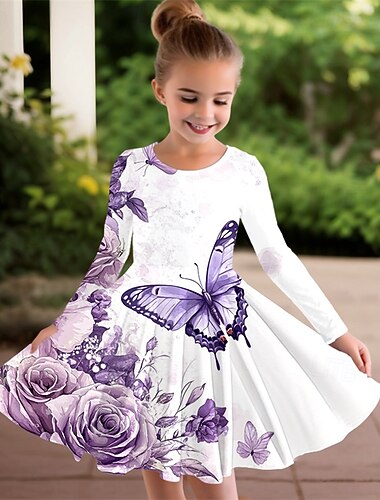  Tyttöjen 3D Perhonen Kukka Mekko Pitkähihainen Kesä Kevät Loma Päivittäin Pyhäpäivä Prinsessa Kaunis Makea Lapset 4-12 vuotta Rento mekko A linjainen mekko Polvipituinen Normaali
