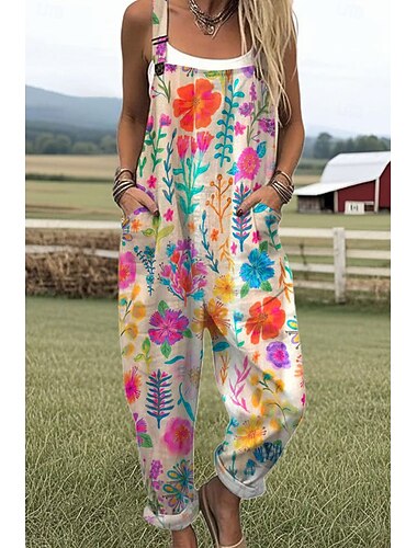  Damen Latzhose Aktiv Blumen Ärmellos Ärmellos Gerade Quadrathals Tasche mit Tasche Urlaub Täglich Lässiger Schnitt Weiß Rosa Purpur Sommer