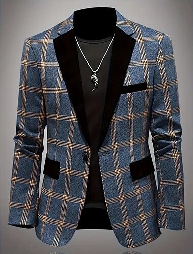  Hombre Chaqueta americana Cuello de muesca Casual Plaid Blazer Azul polvoriento A Medida Recto 1 botón