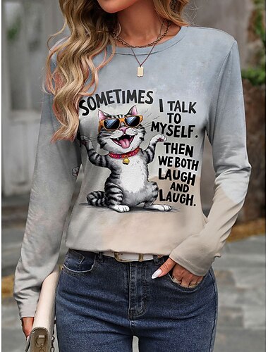  Dames T-shirt Lange Mouwen Grafisch Dier Kat Vintage Mode Stijlvol Lange Mouwen Ronde Hals Reguliere Tops Dagelijks Weekend Print Grijs Lente Herfst Vóór Herfst