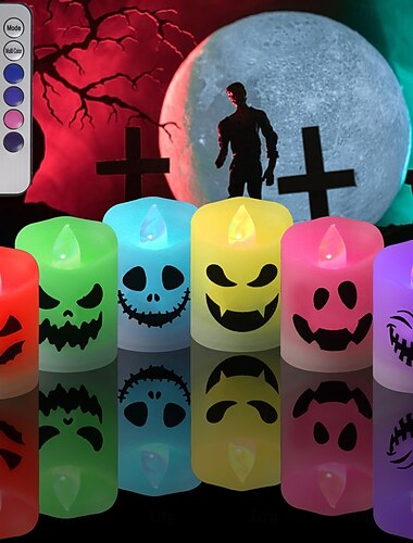  Halloweenské bezplamenné votivní svíčky, které mění barvu s dálkovým časovačem, na baterie, LED čajové svíčky pro halloweenské dekorace do domácnosti, dárky (6/12 ks 1,41'' x 1,69'') (baterie jsou