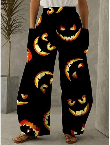  ハロウィン レディース ワイドレッグ チノパン バケーション ヴィンテージ エスニックスタイル フルレングス ミッドウエスト パンツ パンプキン ハロウィン 快適 伸縮性なし バケーション ストリート カジュアル バイオレット ブラック イエロー オレンジ 春 秋 冬