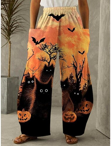  女性用 ワイドレッグ チノパン ヴィンテージ カジュアル 全長 ミディアムウエストPantsHalloween カボチャ ハロウィーン 弾性ウエストバンド 快適 伸縮性なし バケーション ストリート カジュアル バイオレット ブラウン-ゴールド ブラック オレンジ 春 秋 冬 レギュラー