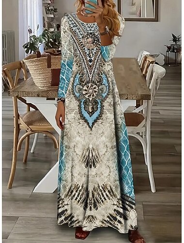  Dámské Maxi šaty Áčkové šaty Letní šaty prázdniny Na běžné nošení Plážový styl Denní Běžný Grafika Geometrický Kašmírový vzor Dlouhý rukáv Tričkový Vodní modrá Léto Jaro Podzim Zima