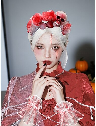 Ensemble d'accessoires pour costume de mariée sanglante d'Halloween pour femme - serre-tête tête de mort et rose, manchettes en dentelle sanglante et voile d'horreur pour tenues de fête zombie,
