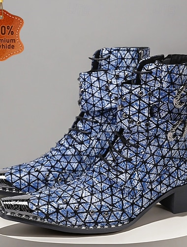  Botas masculinas azuis com estampa geométrica – botas de cowboy estilosas para shows, streetwear e festas noturnas