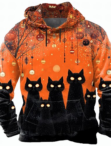  Halloween Per uomo Gatto Zucca Felpa con Cappuccio Felpa Punk Esagerato Girocollo Club Abbigliamento casual alla moda Giallo Arancione Coulisse Autunno Inverno progettista