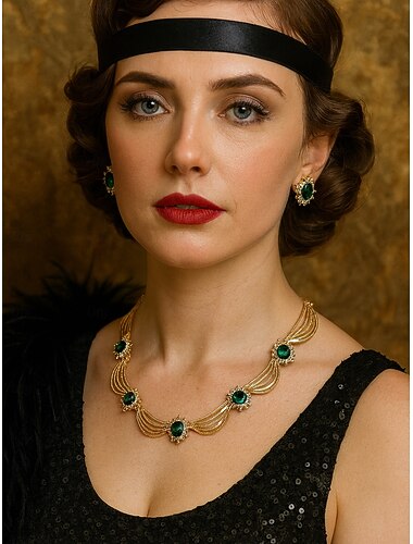  Gatsby-feestsieradenset voor dames - vergulde groene kristallen ketting en oorbellen met vintage art-decostijl uit de jaren 20 voor retrokostuums en avondevenementen