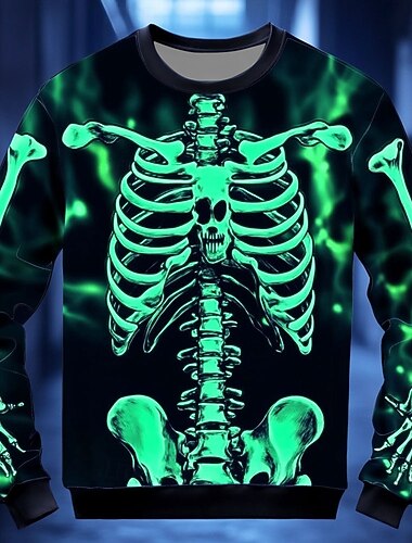  Felpa con stampa 3D da uomo con teschio e scheletro per Halloween, stile punk, per feste, a maniche lunghe, girocollo, per vacanze, verde chiaro e rosso, girocollo, 3D, per tutte le stagioni, firmata