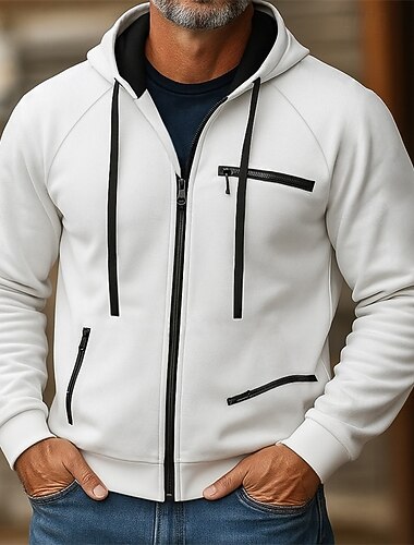 Per uomo Felpa con cappuccio Felpa con cappuccio a zip intera Felpa con cappuccio in pile Rosso bordeaux Nero Bianco Cammello Grigio Con Cappuccio Semplice Patchwork Blocco di colore Sport & Outdoor