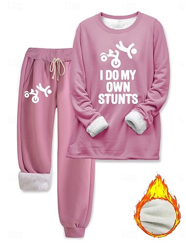 Női Elegáns Meleg Divat Kétrészes szettek Tracksuit Nadrág szettek Hosszú ujj Püspök Terített nyak Kerek Grafika Mértani Szöveg Nyomtatott Szabadtéri Vakáció Napi Fekete Arcpír rózsaszín