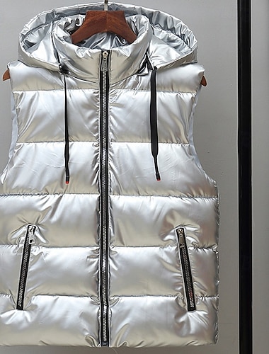  男性用 パファーベスト ベスト ジレ バケーション 日常 デート ファッション カジュアル 秋冬 ポケット ナイロン 保温 快適 純色 ジッパ－ フード付き レギュラー シルバー ブラック ルビーレッド ダックシルバー ベスト