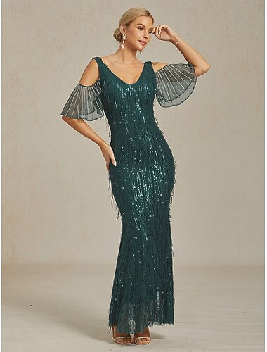  Dame Sequin Maxi Kjole Sheath Kjole Elegant Fest Bursdag Ensfarget Halv Ermet V Utringning Grønn Sommer
