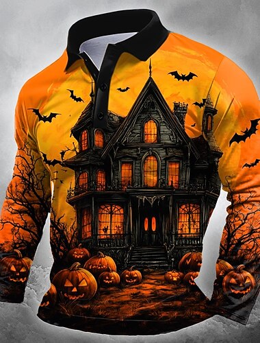  Halloween 男性用 カボチャ キャッスル・城 ポロ 長袖 ポロシャツ ラペル カジュアル ストリート フェスティバル衣装 3Dプリント ボタン 春 秋 冬 オレンジ1 オレンジ2