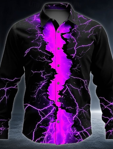  Муж. 3D-печати Молния Неоновое свечение Рубашка Кнопка рубашка Длинный рукав Темный панк-готика на открытом воздухе Праздники Лето Весна Отложной 3D печать рубашки с воротником