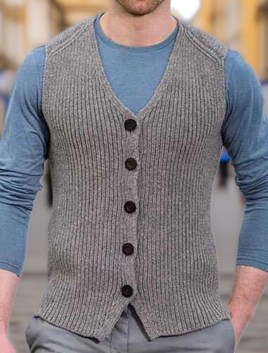  Herren Pullunder Weste Strickware Strickjacke Weste Gerippt Stricken Normale Oberteile Knöpfe Einfach V Ausschnitt Mode Klassisch Urlaub Alltagskleidung Bekleidung Herbst Winter Grau M L XL