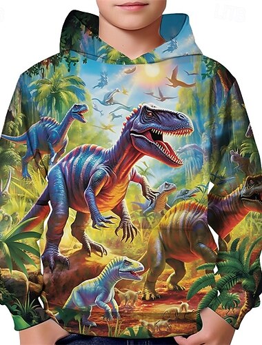  Gutt 3D Dinosaur Hattetrøje Langermet Vår Høst Mote Gatemote Barn 4-12 år Med hette utendørs Avslappet Daglig Normal