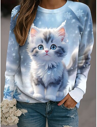  نسائي Pullover الرسم قطة كاجوال كم طويل رقبة عالية مدورة قمصان عادية فضفاض أزرق أرجواني كاكي رمادي الخريف الشتاء
