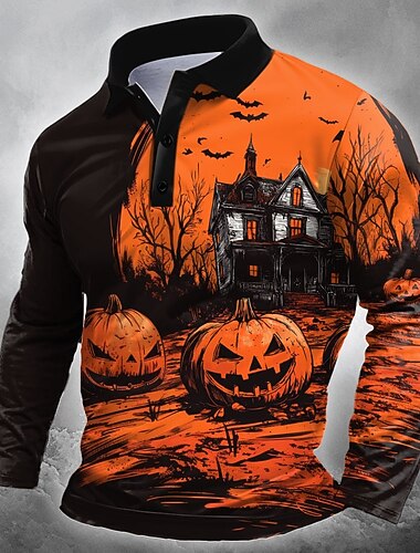  Halloween Herre Gresskar Borg Polo Langermet Poloskjorter Knaphul Fritid Gate treningsklær Festivalantrekk 3D-utskrift Knapper Vår Høst Vinter oransje1 Oransje 2
