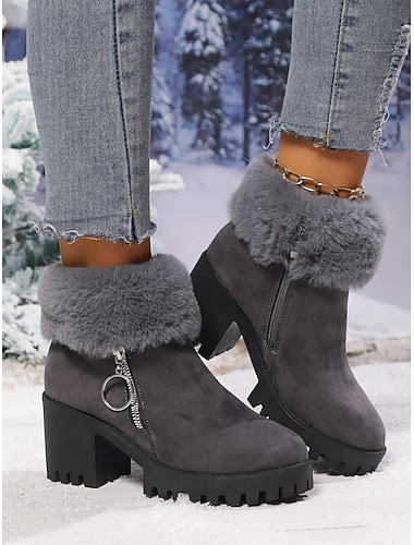 Botas femininas de camurça cinza com forro de pele – botas de inverno quentes, salto grosso, sola de borracha e zíper lateral para o tempo frio   Botas femininas de camurça cinza com forro de pele – botas de inverno quentes, salto grosso, sola de borracha e zíper lateral para o tempo frio