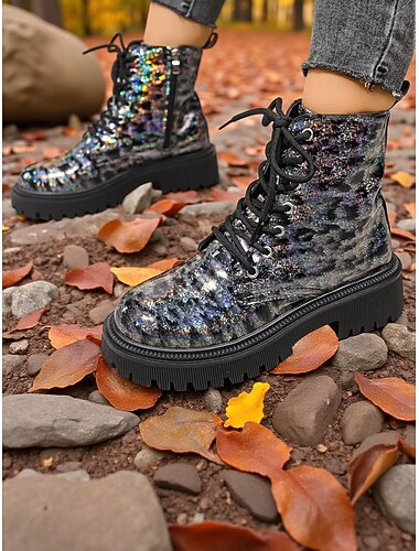  Dames glitter luipaard combat boots dikke zool - modieuze veter enkellaarsjes voor dames urban streetwear en casual outfits